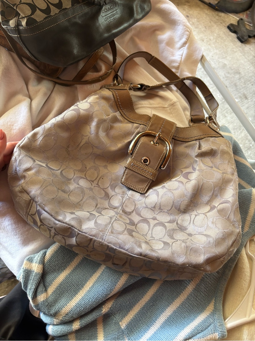 Coach Beige Signature Logo Shoulder Bag with Buckle Trim